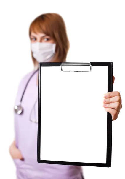 A portrait of young european doctor holding a whiteboard — Stock Photo, Image