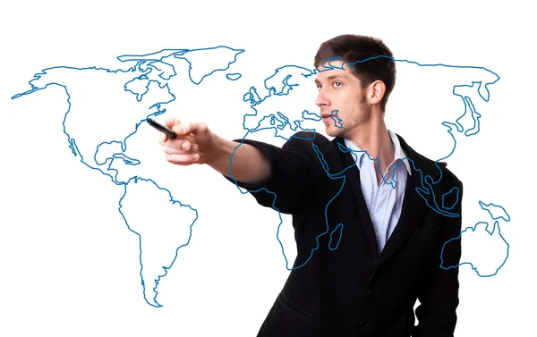 Mann zeichnet die Weltkarte — Stockfoto