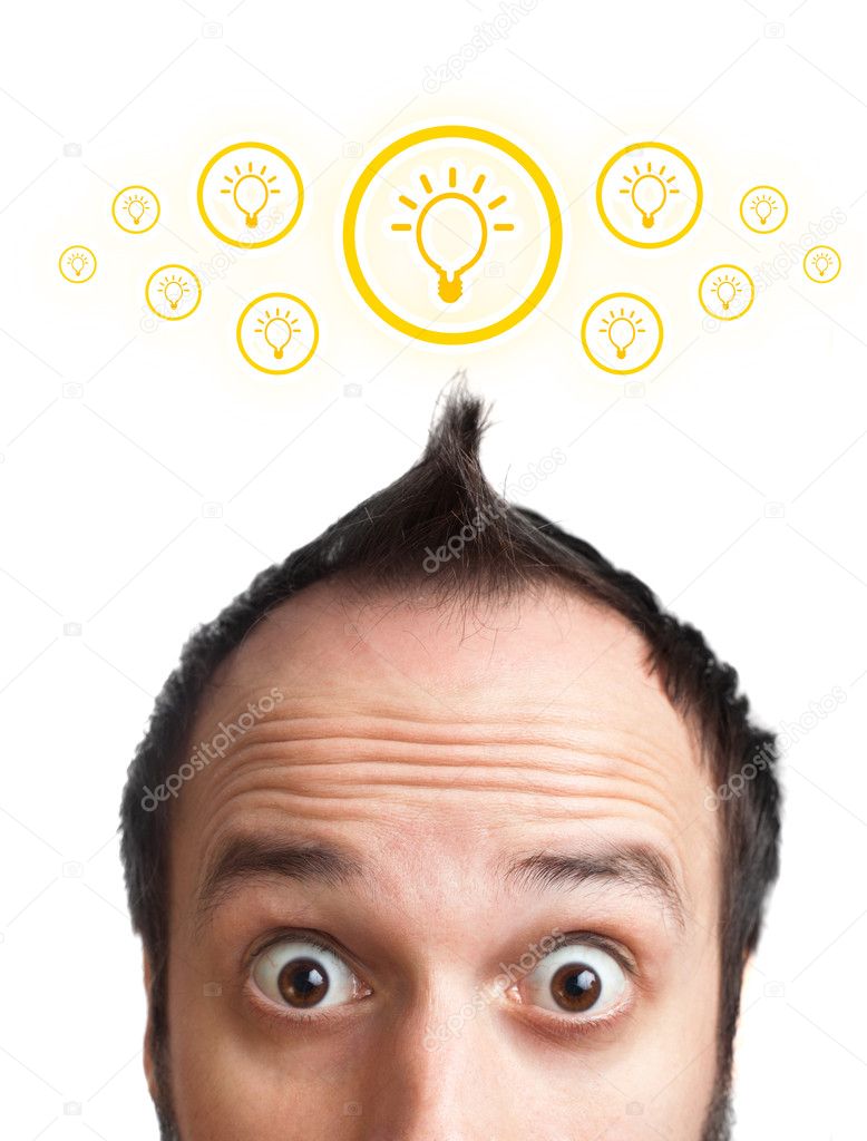Funny young man with light bulb over his head