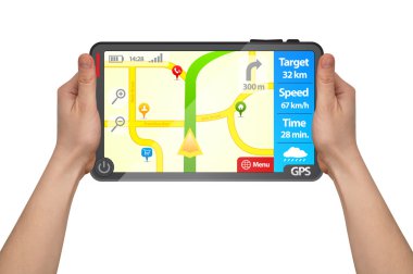 bir dokunmatik yüzey gps tablet üzerinde beyaz izole tutan bir erkek el