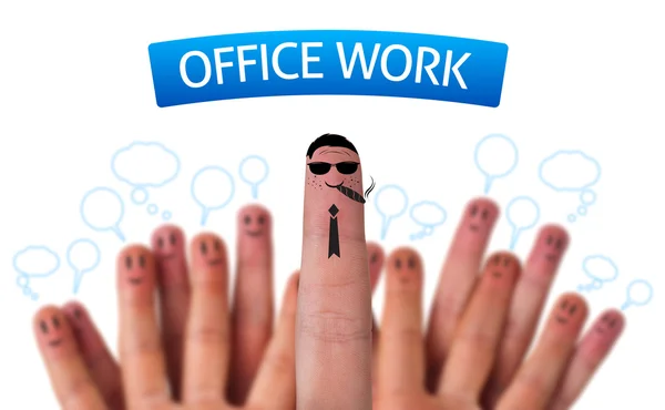 Happy group of finger smileys with office work icon — Stock Photo, Image