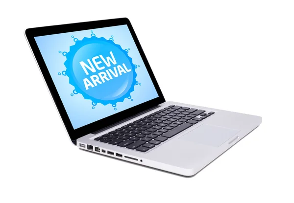 New laptop with new arrival sign — Stock Photo, Image