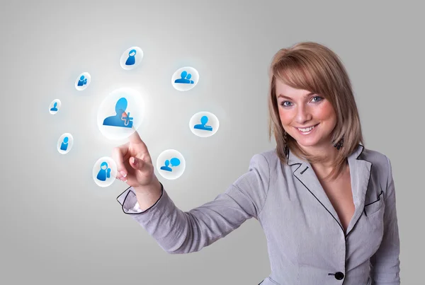 Mujer presionando la mano icono de la red social —  Fotos de Stock