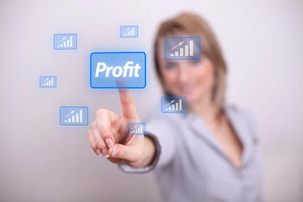 Woman pressing profit button — Stock Photo, Image