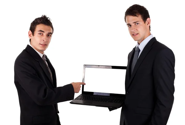 Homem de negócios show no laptop em branco — Fotografia de Stock