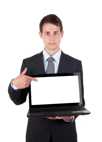 Ділова людина вказує на ноутбук комп'ютера — стокове фото