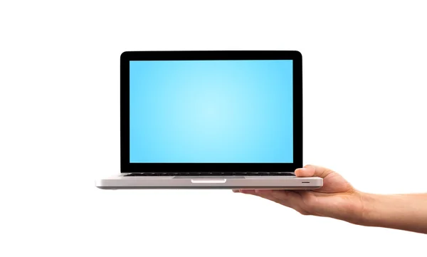 Mão masculina segurando laptop — Fotografia de Stock