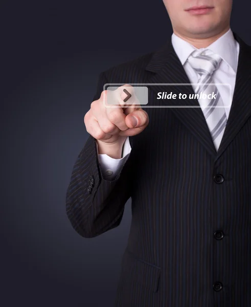 Man pressing touch screen button — Stock Photo, Image