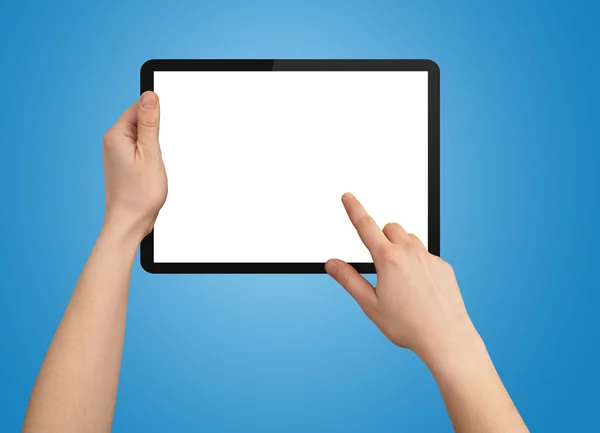 Uma mão masculina segurando um touchpad pc, um dedo toca a tela — Fotografia de Stock