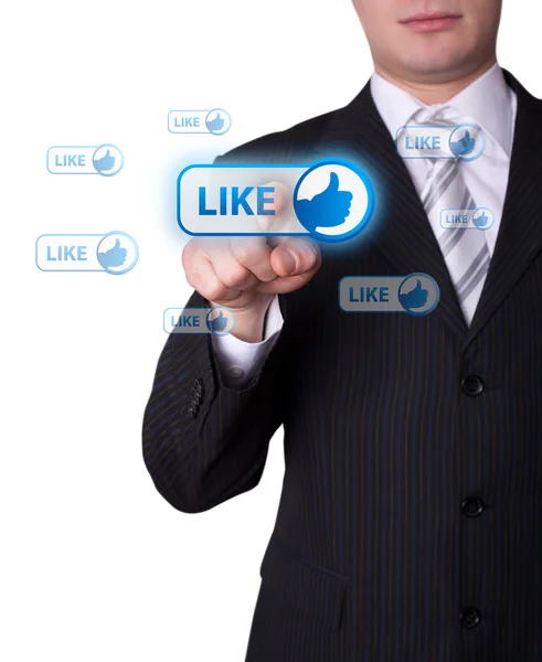 Mężczyzna naciskając przycisk sieć społecznych — Zdjęcie stockowe