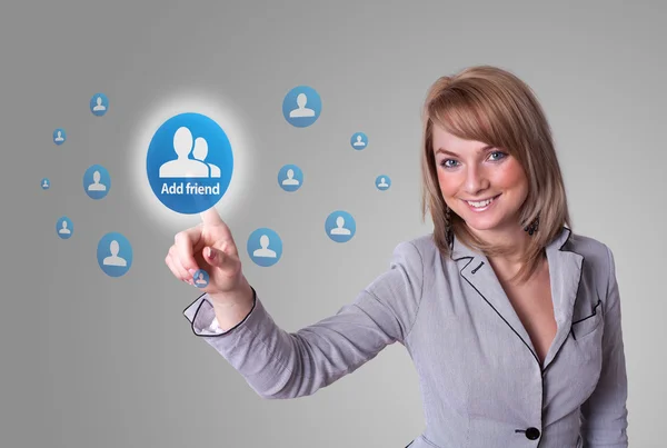 Mujer presionando la mano icono de la red social —  Fotos de Stock