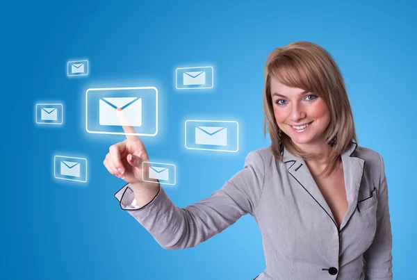 Woman pressing e-mail icon — Stock Photo, Image