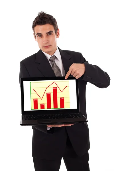 Hombre de negocios apuntando a una computadora portátil con diagrama —  Fotos de Stock