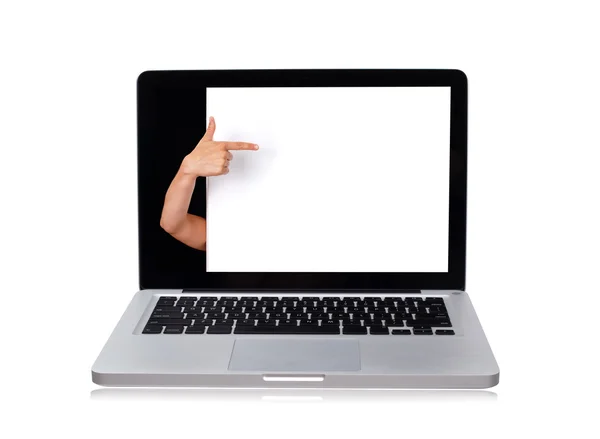 Nő kéz mutató laptop fehér fal — Stock Fotó
