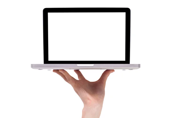 En manlig hand håller en laptop — Stockfoto