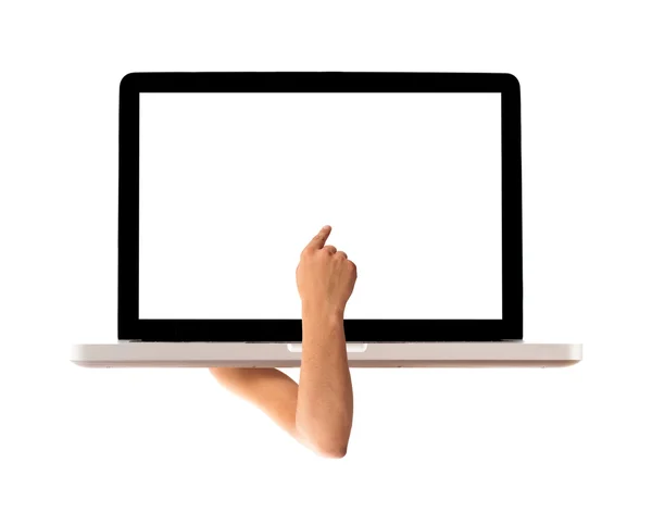 Hand pointing to a laptop — Stock Photo, Image