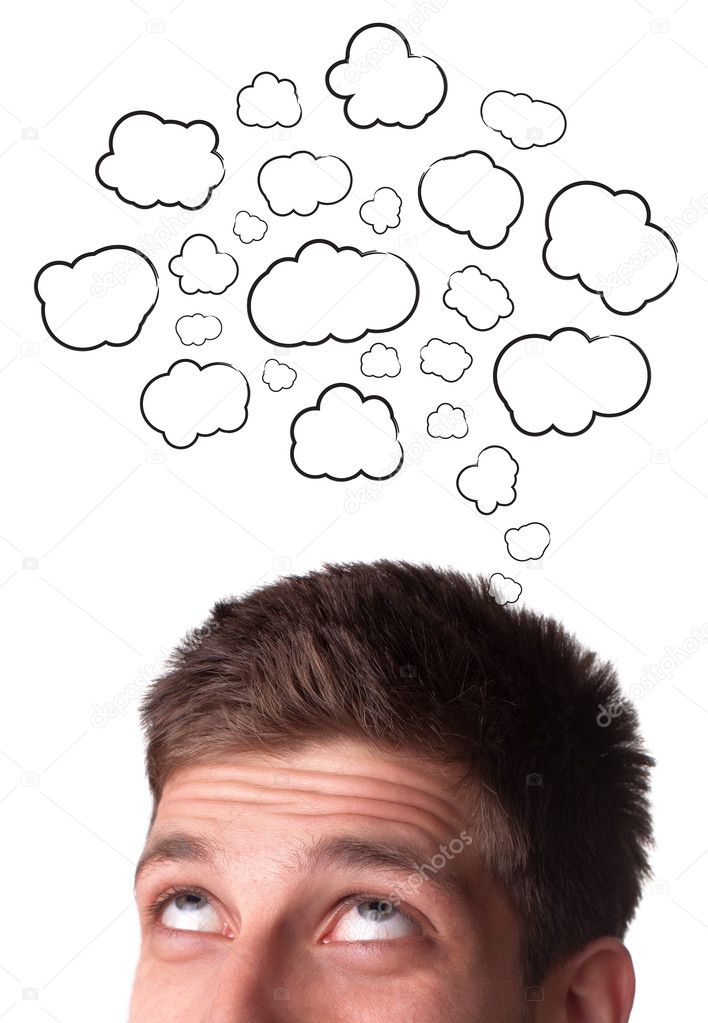 Young man with Speech Bubbles over his head