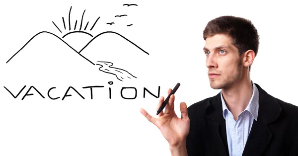 Businessman thinking about vacation in front of his drawing — Stock Photo, Image