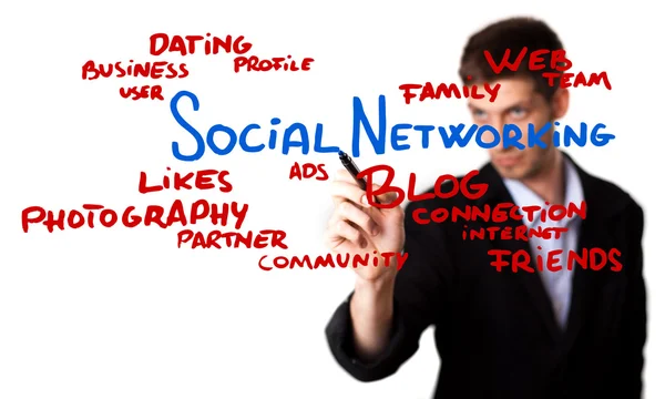 Man drawing Social Networking schema no quadro branco (selectiv — Fotografia de Stock
