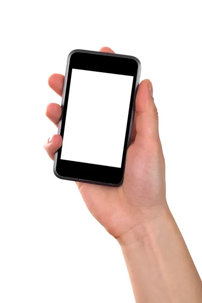 Mão segurando telefone celular isolado no fundo branco — Fotografia de Stock
