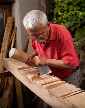 çekiç ile çalışan woodcarver ve 8 kalem ucu