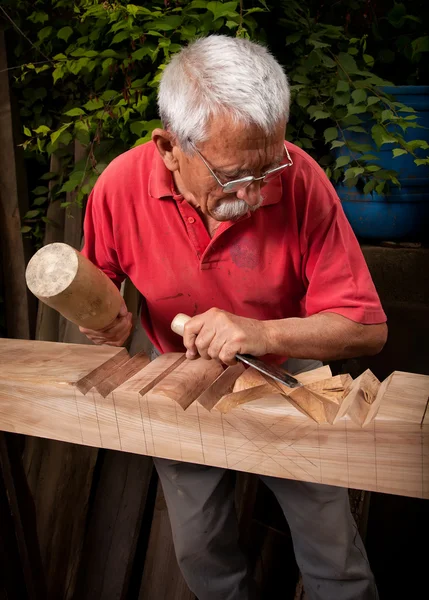 Woodcarver trabalhando com martelo e cinzel 9 — Fotografia de Stock