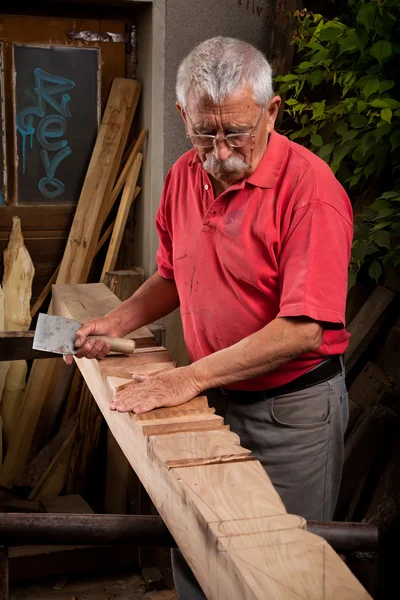 Çekiç ve keski ile çalışma woodcarver — Stok fotoğraf