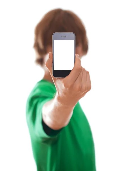 Joven sosteniendo teléfono moderno — Foto de Stock
