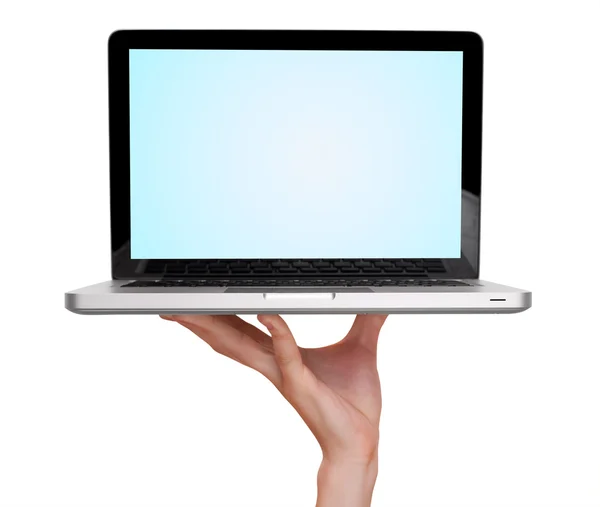 Mano masculina sosteniendo una computadora portátil — Foto de Stock