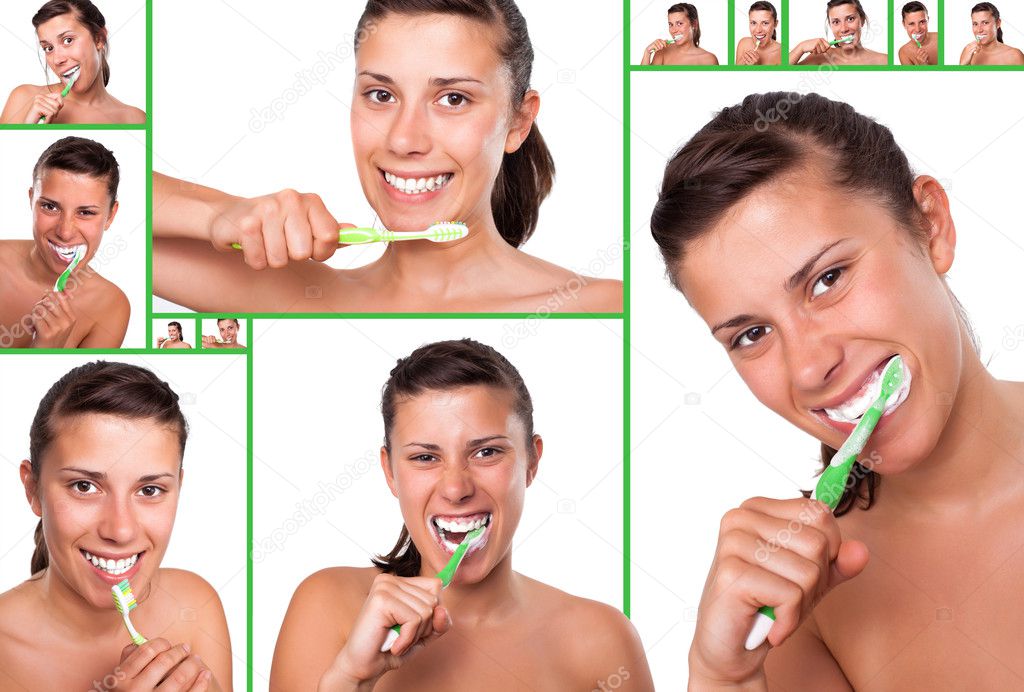 Sequences of girl brushing her teeth