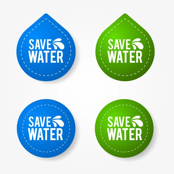 Kleurrijke opslaan water badges en stickers — Stockvector