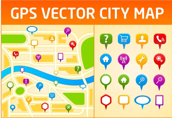 Gps mapa da cidade com ícones de navegação — Vetor de Stock