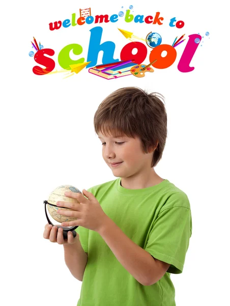 Хлопчик дивиться назад до шкільної теми ізольовано на білому — стокове фото