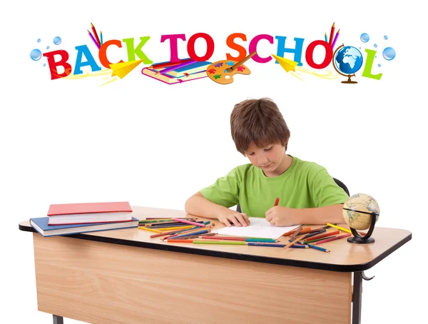 Child drawing with back to school theme isolated on white — Stock Photo, Image