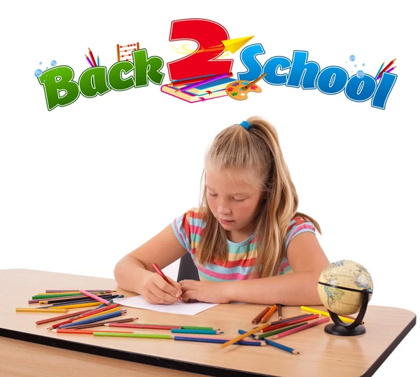 Young girl drawing with back to school theme isolated on white — Stock Photo, Image