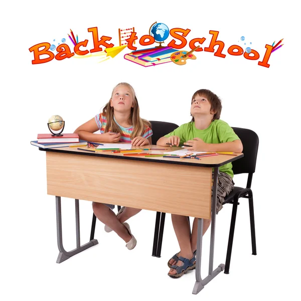 Barn med tillbaka till skolan tema isolerad på vit — Stockfoto