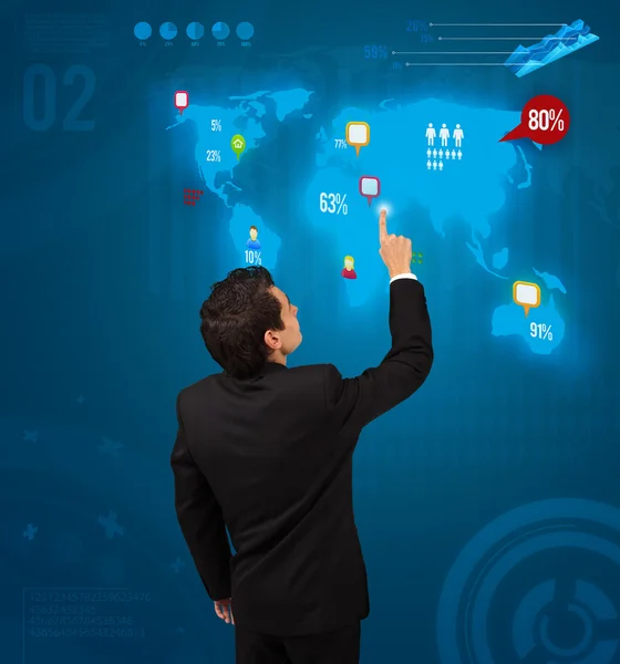 Businessman pressing social media button on digital map — Stock Photo, Image
