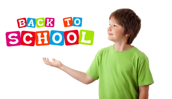 Pojke söker med tillbaka till skolan tema isolerad på vit Stockbild