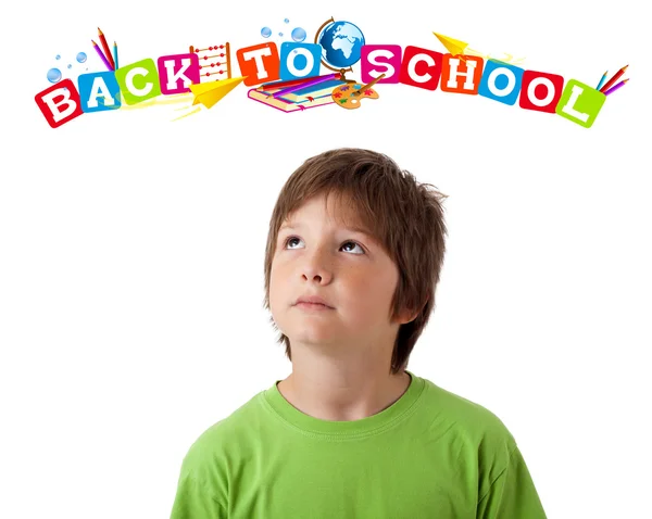 Junge blickt mit dem Rücken zur Schule Thema isoliert auf weiß — Stockfoto