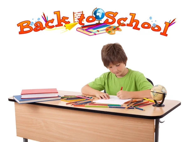 Niño dibujando con la espalda al tema escolar aislado en blanco — Stockfoto
