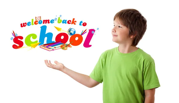 Pojke söker med tillbaka till skolan tema isolerad på vit Stockfoto