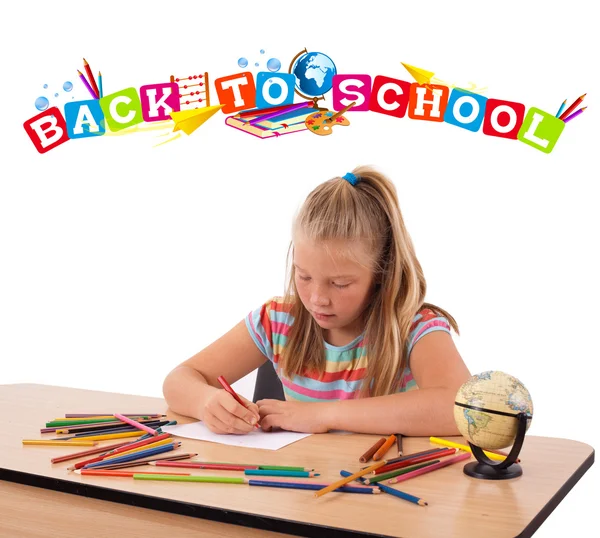 Young girl drawing with back to school theme isolated on white Stock Photo
