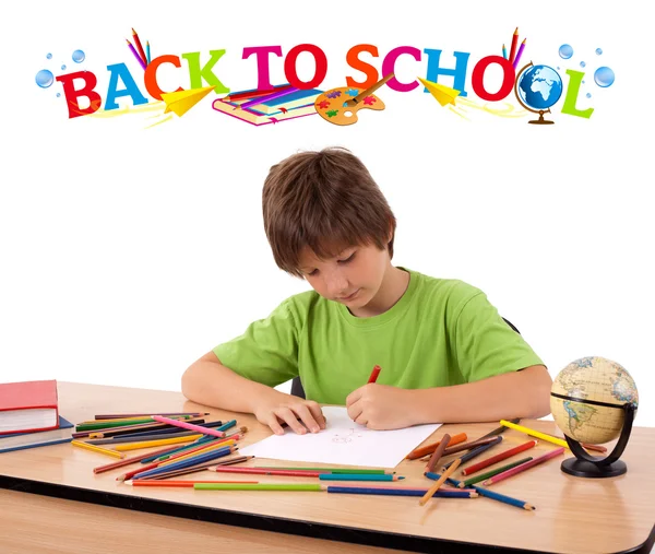 Kid with back to school theme isolated on white — Stock Photo, Image