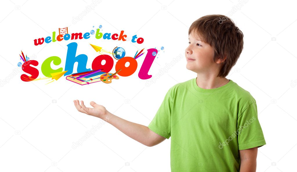 Boy looking with back to school theme isolated on white