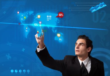 Businessman pressing social media button on digital map clipart