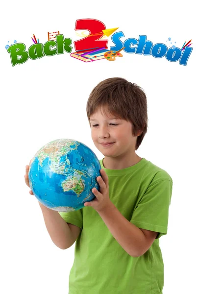Niño mirando con el tema de vuelta a la escuela aislado en blanco —  Fotos de Stock