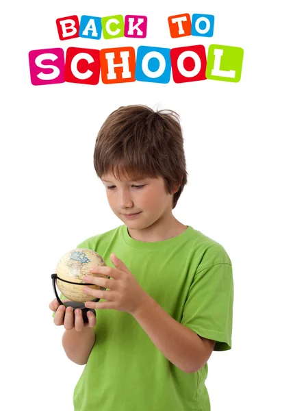 Kid met terug naar school thema geïsoleerd op wit — Stockfoto