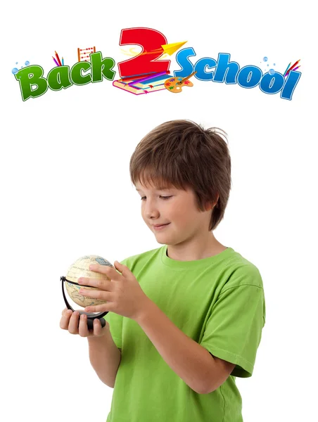 Αγόρι ψάχνει με πίσω στο σχολείο θέμα απομονωθεί σε λευκό — Φωτογραφία Αρχείου