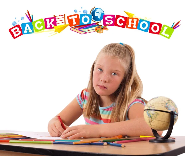 Meisje met terug naar school thema geïsoleerd op wit — Stockfoto