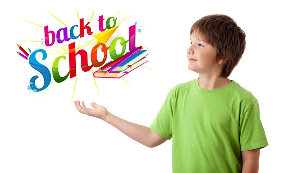 Pojke söker med tillbaka till skolan tema isolerad på vit Stockbild